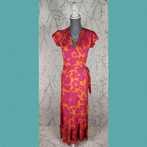 XIX Palms Orange Pink Floral Print Flounce Hem Maxi Wrap Dress - Picture 1 of 4